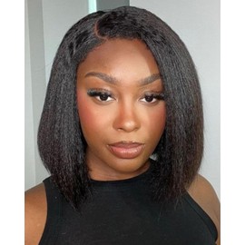 Style Icon Short Kinky Straight Bob Human Hair Wig with 4C Kinky Curly Edges Hairline Wear and Go Glueless Bob Wig for Women 14 Inch Pre Plucked Pre Cut Deep Side Parted Lace Bob Wig