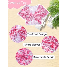 FEOYA Girls 4 Piece Swimwear Bikini Set Hawaiian Print Beach Bathing Suits Sun Protection Swimsuits with Quick Dry Cover Up Pink