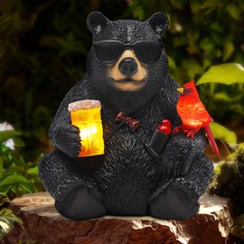 YHSOLAR Solar Black Bear Statue for Garden with Beer and Cardinals 6.3" Resin Garden Statues for Outside Yard Paito Porch Decor Birthday Gardening Gifts for Women Mother Sister Grandmother Wife