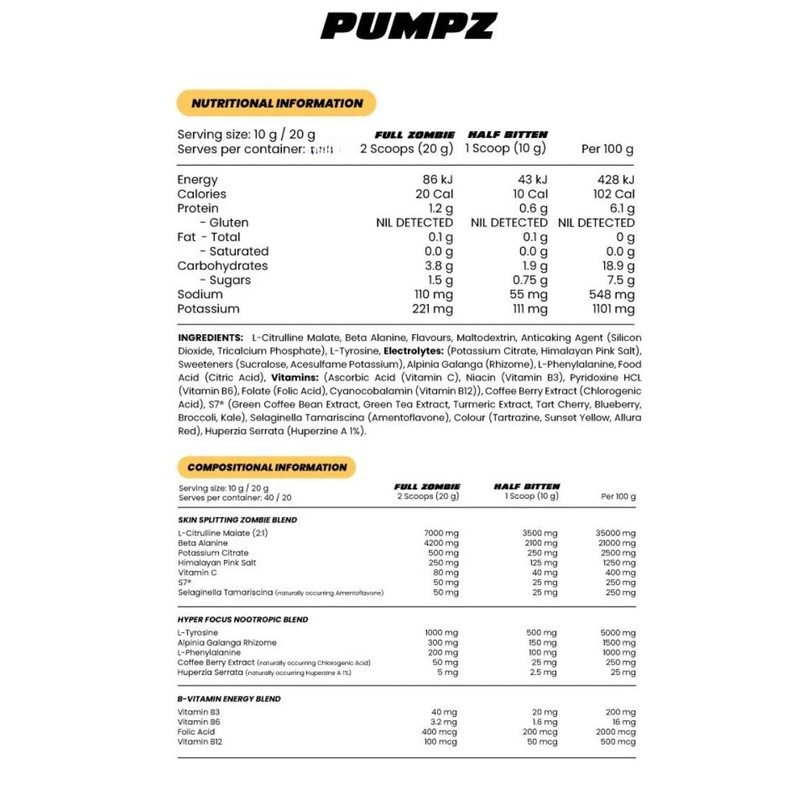 Zombie Labs Pumpz Non-Stim Pre Workout Watermelon 10 Serve
