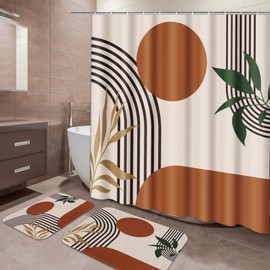 Tayney Boho Mid Century Shower Curtain Set Bohemian Bathroom Sets with Shower Curtain and Rugs, Modern Minimalist Bathroom Shower Curtain Sets 3Pcs, Abstract Vintage Bathroom Decor and Accessories