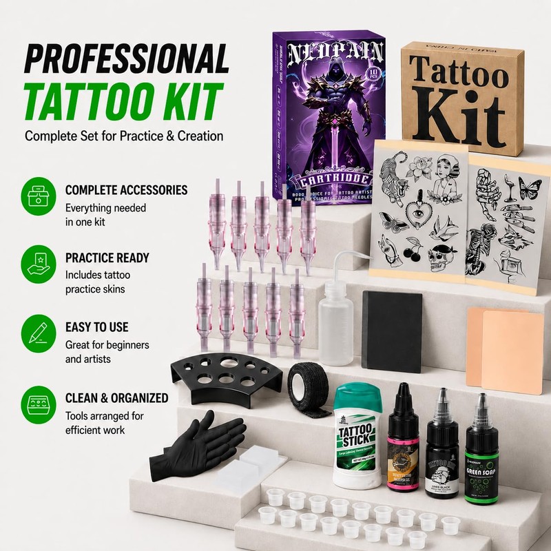 NEDPAIN Tattoo Practice Kit for Beginners with Skin, Needles and