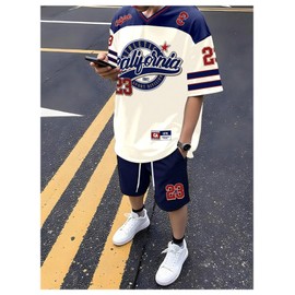 GORGLITTER Men's 2 Piece Short Set V Neck Jersey Top Casual Summer Outfits Oversized Graphic T Shirt and Shorts Tracksuit Set White and Blue X-Large