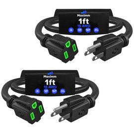 Maximm 0.5 Ft, 2 Pack, Black with Green Indicators Extension Cord, 16 AWG 3-Prong, Compact Indoor Power Cable – ETL Listed