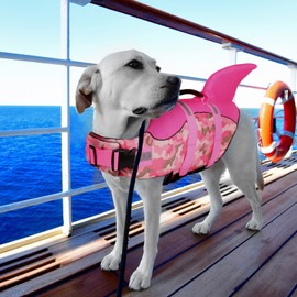 Queenmore Dog Life Jacket Ripstop Dog Shark Safety Vest Adjustable Preserver with High Buoyancy and Durable Rescue Handle for Small,Medium,Large Dogs, Pink Camouflage Small