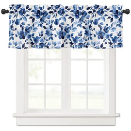 Valance Curtains for Windows,Watercolor Blue Flowers and Leaves Semi Sheer Curtain Valance,Short Rod Pocket Window Treatment,Window Valance Curtains for Kitchen Living Room Bedroom Windows 54"x18"