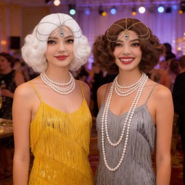 Cfalaicos Brown Short 1920s Wig for Women 20s Wave Wigs with Headband Curly Vintage Lady Hair Wig for Halloween Cosplay Costume Party Daily Wear