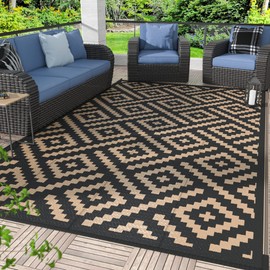GENIMO Outdoor Rugs 8x10 Waterproof, Reversible Mats, Area Plastic Straw Rug, Outside Carpet, Geometric Rv Mat for Patio Camping Rv Picnic Backyard Deck Balcony Porch Beach (Black & Brown)