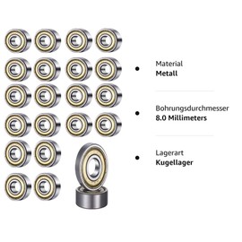 Pack of 20 608 ZZ Ball Bearings, 8 mm x 22 mm x 7 mm Metal Double Shielded Miniature Deep Groove Ball Bearings for Skateboard Roller Inline Skates