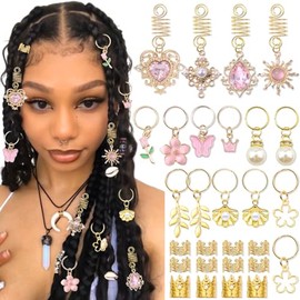 36PCS Pink Crystal Hair Jewelry Butterfly Braids Clips Flower Loc Jewelry Pearl Hair Charms Gold Hair Cuffs Rings Valentine's Day Braids Accessories f