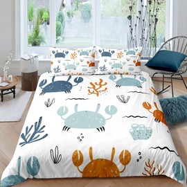 Kids Crab Duvet Cover Cute Cartoon Ocean Crabs Bedding Set Marine Creature Themed Comforter Cover for Boys Girls Kids Room Decor Sea Underwater World Bedspread Single Size With 1 Pillow Case