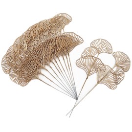 Golden Ginkgo Leaves Stems Christmas Decoration, Artificial Plants Fake Plastic Simulation Apricot Leaf Grass for Wedding Party Indoor Home Office DIY Crafts Flowers Bouquet Xmas Gold Decor - 12 Pack