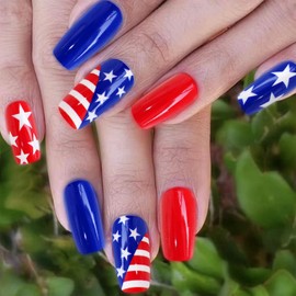 24Pcs 4th of July Press on Nails Medium Square Independence Day Fake Nails Glossy Red Blue American Flag Glue on Nails Full Cover Stick on Nails with Star Design Patriotic Artificial Nails for Women