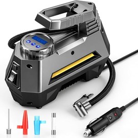 Compresor de Aire Portatil para Auto 12V, Inflador de Llantas Digital Automático con Pantalla LCD y Luz LED, Bomba Eléctrica con Kit de Adaptadores y Fusible - Herramientas Neumáticas
