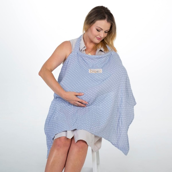 Bisoo Breastfeeding Cover - 100% Breathable Muslin Nursing Cover Up with Pocket & Soft Corners - Storage Bag Included - Adjustable Baby Lactation Shawl - Generous Size - Full Privacy - Baby Blue