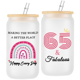 ERYUWOZA 65th Birthday Gifts, 65th Birthday Decorations for Her, Women, Wife, Mom, Sister, Grandma, Friends, 1960 Turning 65 Year Old Birthday Glass Cup with Straw and Lid, 16oz