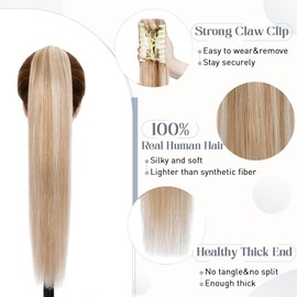 Rich Choices Claw Clip Ponytail Extension Human Hair Real Hair Ponytail Balayage Golden Brown Highlighted Bleach Blonde 14 Inch 105g One Piece Clip In Long Ponytail Hair Extension For Women #12P613