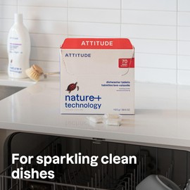 ATTITUDE Dishwasher Pods, Plant-Based & Vegan, Phosphate-Free Detergent Tablets, Naturally Derived, Unscented, 70 Count