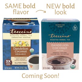 Teeccino Dandelion Tea – Organic Coconut – Roasted Herbal Tea, Organic Dandelion Root, Prebiotic, Caffeine Free, Gluten Free, Acid Free, 10 Tea Bags