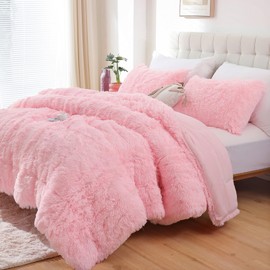 Smoofy Faux Fur Pink Comforter Set King Size 3Pcs Fluffy Fuzzy Plush Comforter Set Cute Soft Shaggy Velvet Double-Sided Bedding Set (1 Faux Fur Comforter + 2 Faux Fur Pillowcases)