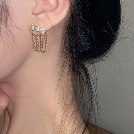 Yheakne Vintage Chain Tassel Drop Earrings Crystal Ear Crawler Earrings Gold Pearl Chain Earrings Rhinestone Climber Stud Earrings Jewellery For Women, Zinc