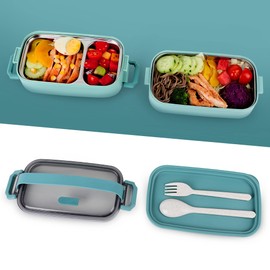 Bento Lunch Box for Kids Women Men, 47oz 2-Compartment Snack Salad Metal Food Prep Pack Container for Lunch, Stainless Steel 2 Layers Stackable Lunch Containers with Lids for Adults and Teens Green