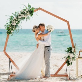 Giantex Wooden Wedding Arch for Ceremony, 7 FT Heptagon Solid Wood Arbor for Wedding Backdrop Stand, Rustic Boho Wedding Decoration for Indoor Outdoor Birthday Proposal Party Garden Lawn Beach