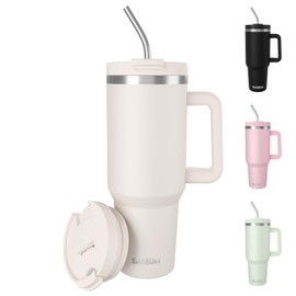 SASEUM 40 oz Tumbler with Handle and Lid, Double Wall Stainless Steel Insulated Water Bottle with 2 Reusable Metal Straws, Leak-Proof BPA-Free Cup for Coffee, Iced Drinks and Travel – White