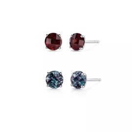 Paris Jewelry 14k White Gold Plated 1/2Ct Created Garnet And Alexandrite CZ 2 Pair Earrings