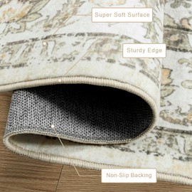 LIVEBOX Machine Washable Area Rugs 9x12 for Living Room, Non-Slip Beige Boho Rug Ultra-Thin Soft Faux Wool Neutral Rug Vintage Rug Cream for Home Office Large Area Rug for Dining Room