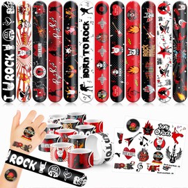 48 PCS Rock and Roll Party Favors 24PCS Tattoos Stickers 24PCS Slap Bracelets Wristbands Perfect for Themed Birthday Baby Showers or Classroom Rewards Ideal Decor and Gifts for Girls and Boys