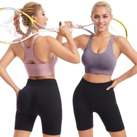 HANERDUN Sports Bra Women's Adjustable Wide Shoulder Strap Bustier Crossback Push Up Yoga Bra Seamless Without Underwire with Removable Padded for Fitness Running Jogging, 2 Pieces- (Purple+Pink)