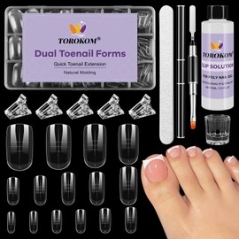 TOROKOM Poly Gel Nail Forms Kit for Toes - 150PCS Reusable Dual Toenail Forms for Builder Gel, Toe Nail Kit with 2.5oz Slip Solution, Brush, File, 5PCS Clips - 15 Sizes