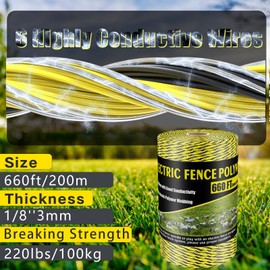 NQN Upgrade Electric Fence Polywire 660FT,200 Meters, 6 Stainless Steel Strands for Reliable Conductivity, Portable Electric Fencing, UV Resistant, Rust Resistant, Highly Conductive, Easy to Install
