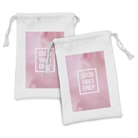 Lunarable Wording Fabric Pouch Set of 2, Modern Pop Culture Words on Pastel Backdrop Vibes Only, Small Drawstring Bag for Toiletries Masks and Favors, 9" x 6", Pale Pink and White