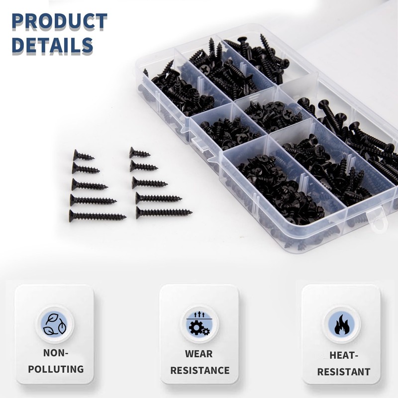 QOOSIKICC 360 Pieces Self-Tapping Screws Set, M4 Black Phillips Screws,