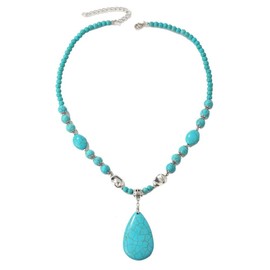 3 Pieces Bohemian Turquoise Set Turquoise Beads Pendant Necklace Vintage Turquoise Dangle Earrings, Stretchable Turquoise Bracelet for Women Statement Boho Ethnic Western Jewelry Set, Metal, Turquoise