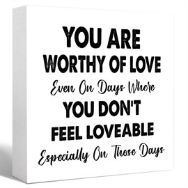 Affirmation Self-Love Wood Box Sign,You Are Worthy Of Love Sign Wooden Block for Office Tabletop Shelf Decor 5" x 5",Motivational Desk Decor Accessories for Women