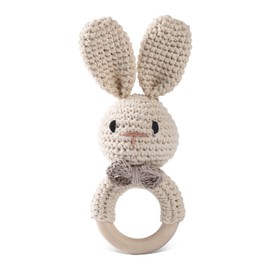 Handmade Crochet Easter Bunny Wooden Baby Rattle Toy for 0-6 Months - Organic Stuffed Animal for Newborn