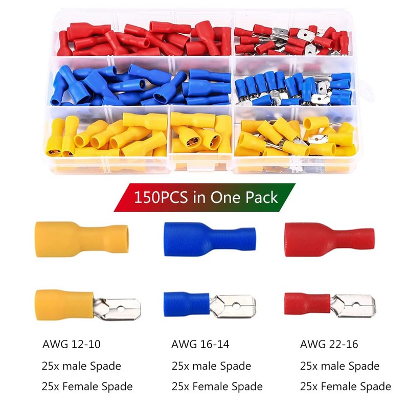 RINGSUN 150Pcs Electrical Connectors, Insulated Spade Crimp Connectors, Assorted Lug