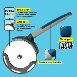 Tasty XXL Pizza Roller, Large Pizza Cutting Tool For Serving and Eating Perfect Pizza Slices, Stainless Steel, Dimensions: 25x11cm, Colours: Cool Dark Blue, Black & Grey