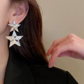 Sgoeths Star Earrings for Women Sparkle Silver Star Drop Earrings Rhinestone Big Star Dangle Earrings Hollow Star Dangling Earrings Long Double Star Stud Earrings Jewelry for Lightweight Festival Birthday Party Jewelry Dainty for Friends (Wrinkle Star)
