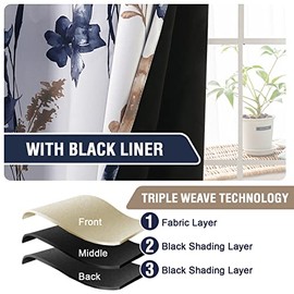H.VERSAILTEX - Juego de 2 paneles de cortinas 100% opacas, 1.60 metros de longitud con estampado floral de Cattleya, cortinas térmicas florales para habitación con forro negro a prueba de sonido, color azul marino y gris pardo.
