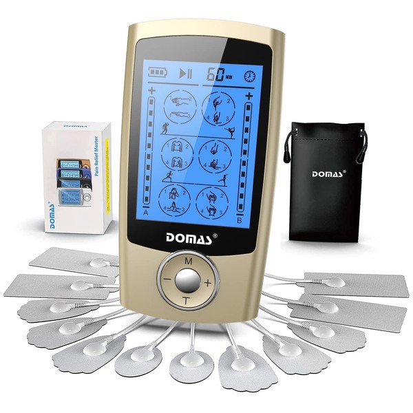 DOMAS TENS Unit Muscle Stimulator, Dual Channel TENS EMS Unit for Pain Relief, Rechargeable 24 Modes TENS Machine Massager with 12 Pads, ABS Pads Holder, USB Cable and Dust-Proof Storage Bag