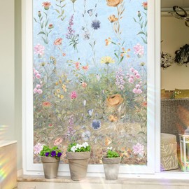 Runtoo Window Privacy Film Rainbow Wild Flowers Window Clings 3D Decorative Vinyl Stained Glass Boho Floral Decals Static Sticker Non-Adhesive, 15.75 x 40 inches