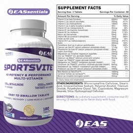 EAS SportsVite High Potency Multivitamin for Athletes | Vitamin & Mineral Nutrient Blend | 2300mg Beta Alanine, 2000mg Carnitine Tartrate | 180 Tablets