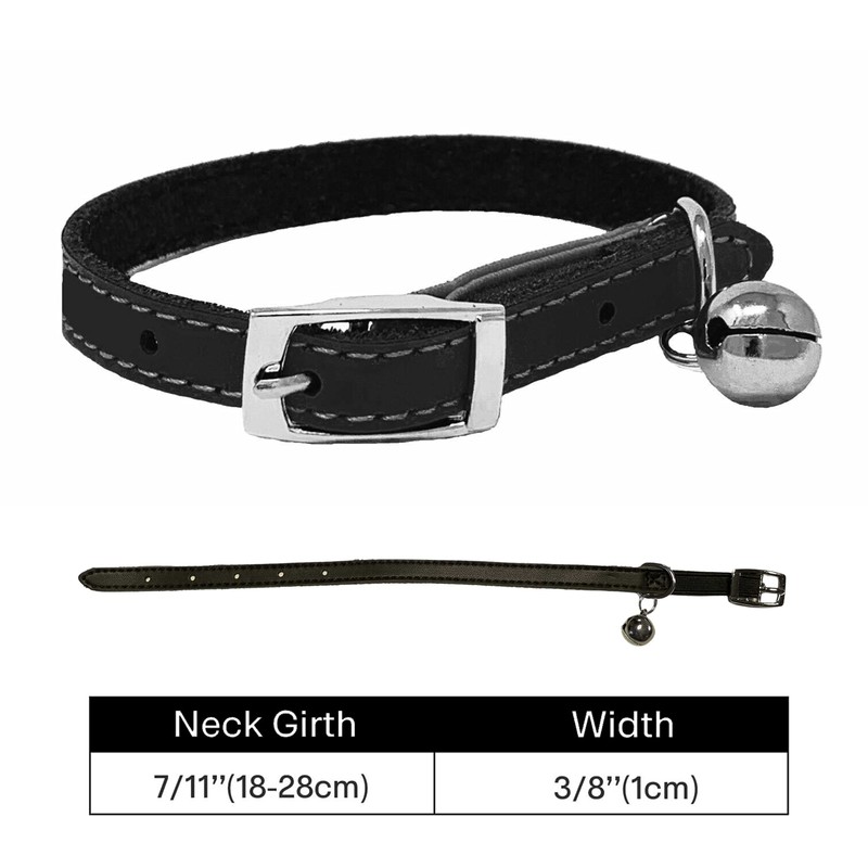 Cat Collar Real Leather with Safety Elastic, Bell, Available (Black)