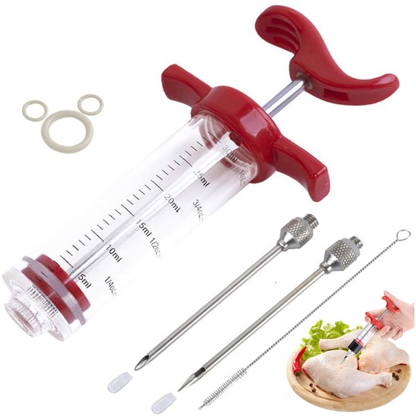 Plastic Marinade Injector Syringe with Screw-on Meat Needle for BBQ Grill, 1-oz, Red