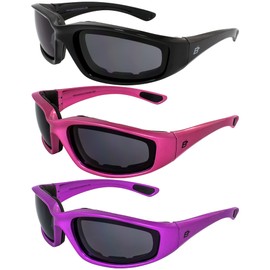 Birdz Eyewear Oriole Anti-Fog Vented EVA Foam Motorcycle Sunglasses for Women Shatterproof Polycarbonate Lenses UV400, Scratch-Resistant 3-Pack Black Pink & Purple Frames Smoke Lenses