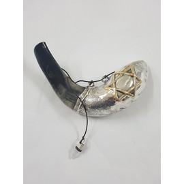 Sale For Oil 13" Anointing Silver plated Rams Horn Menorah + Star Of David Chofar Shofar From the Holy Land Israel